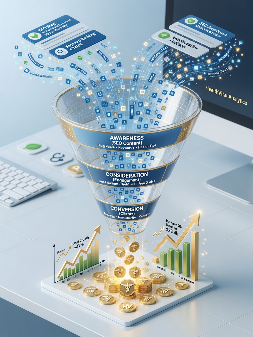 A funnel diagram: public-domain exposure flows into private-domain repurchase, settling into stable profit.
